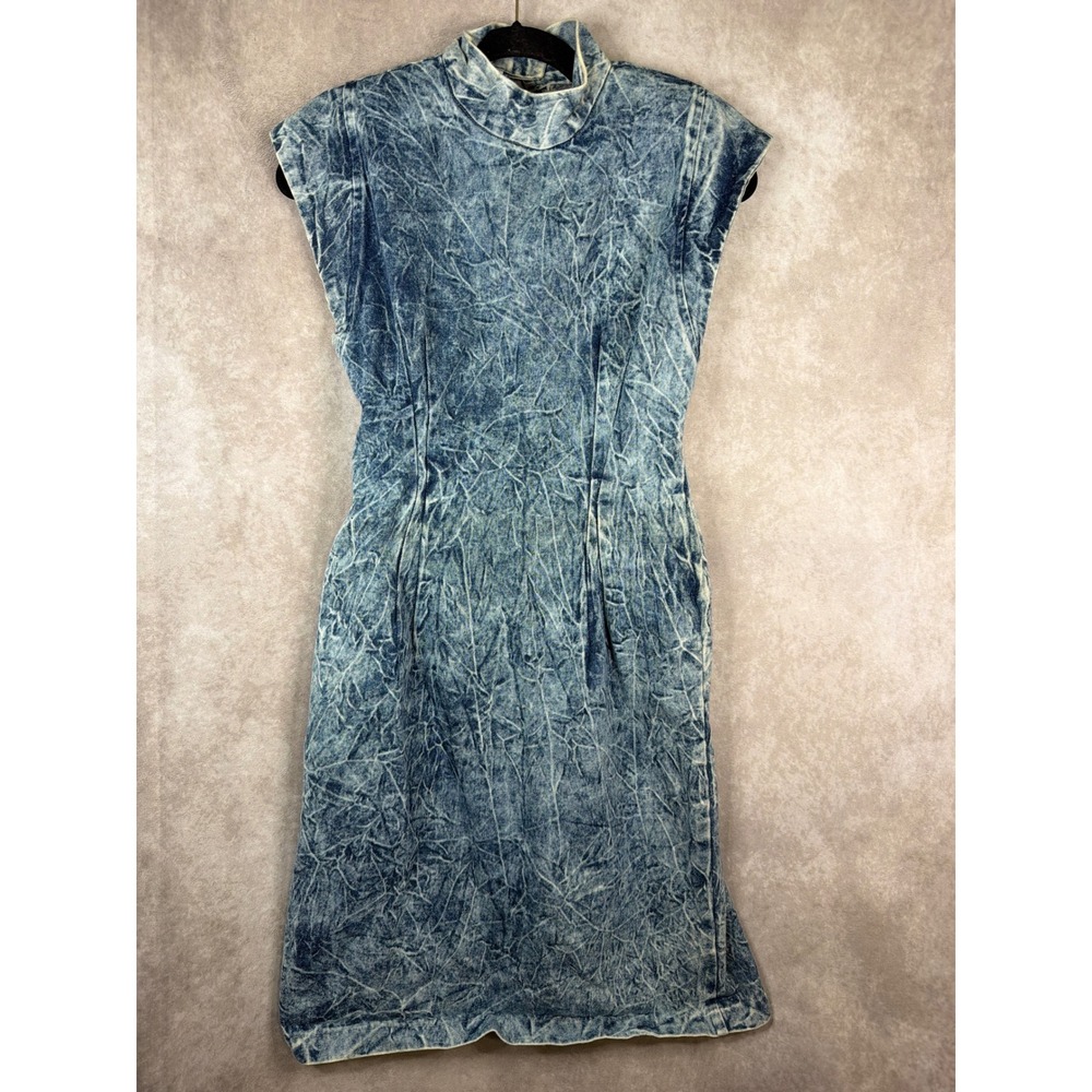 Rampage Dress Women Size 9 Blue Acid Wash Denim Vintage 80s Mock Neck Open Back